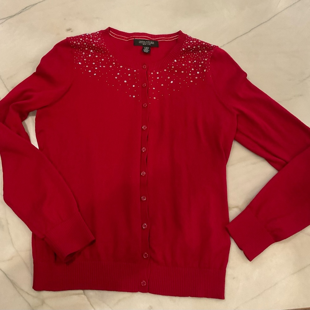 Central Park West Red Embellished Cardigan Sz Large